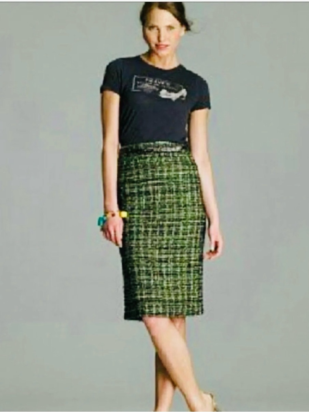 J. Crew Green Tweed Pencil Skirt